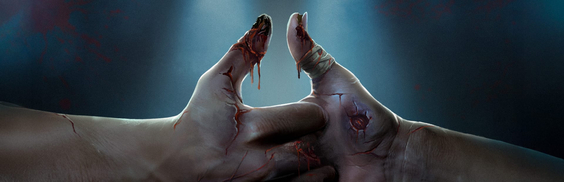 Official Pollex Steam art of two bloodied thumbs locked in a thumb-war grip under a cold spotlight