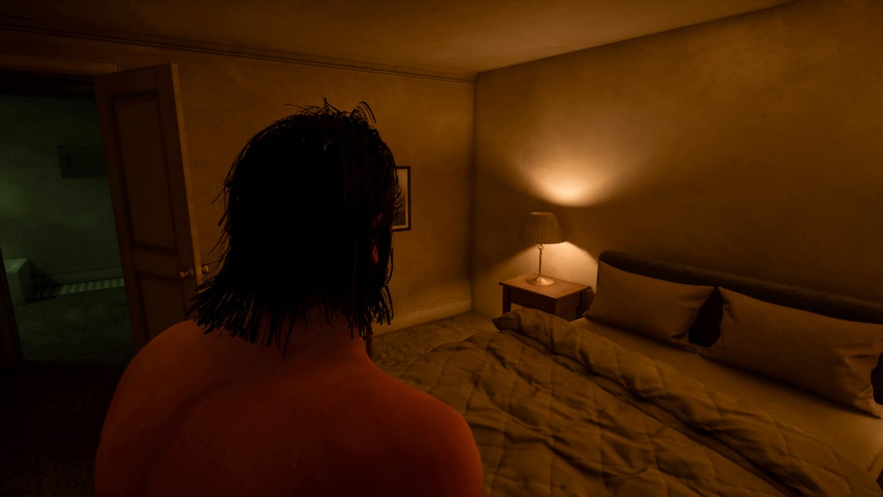 In-game Pollex screenshot of a shirtless figure in a dim lamp-lit bedroom with an open door to a dark hallway